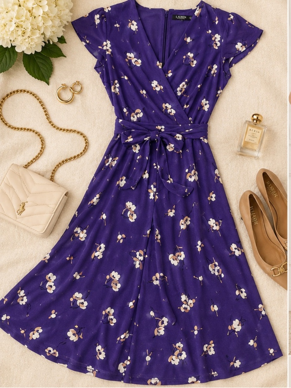 Lauren Ralph Lauren Purple Floral Surplice Dress Size 14 Elegant Event Cocktail